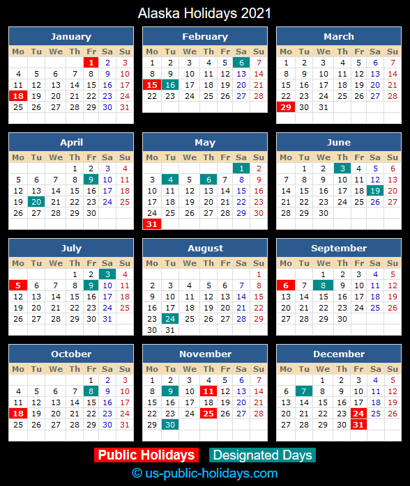 Alaska Holiday Calendar 2021